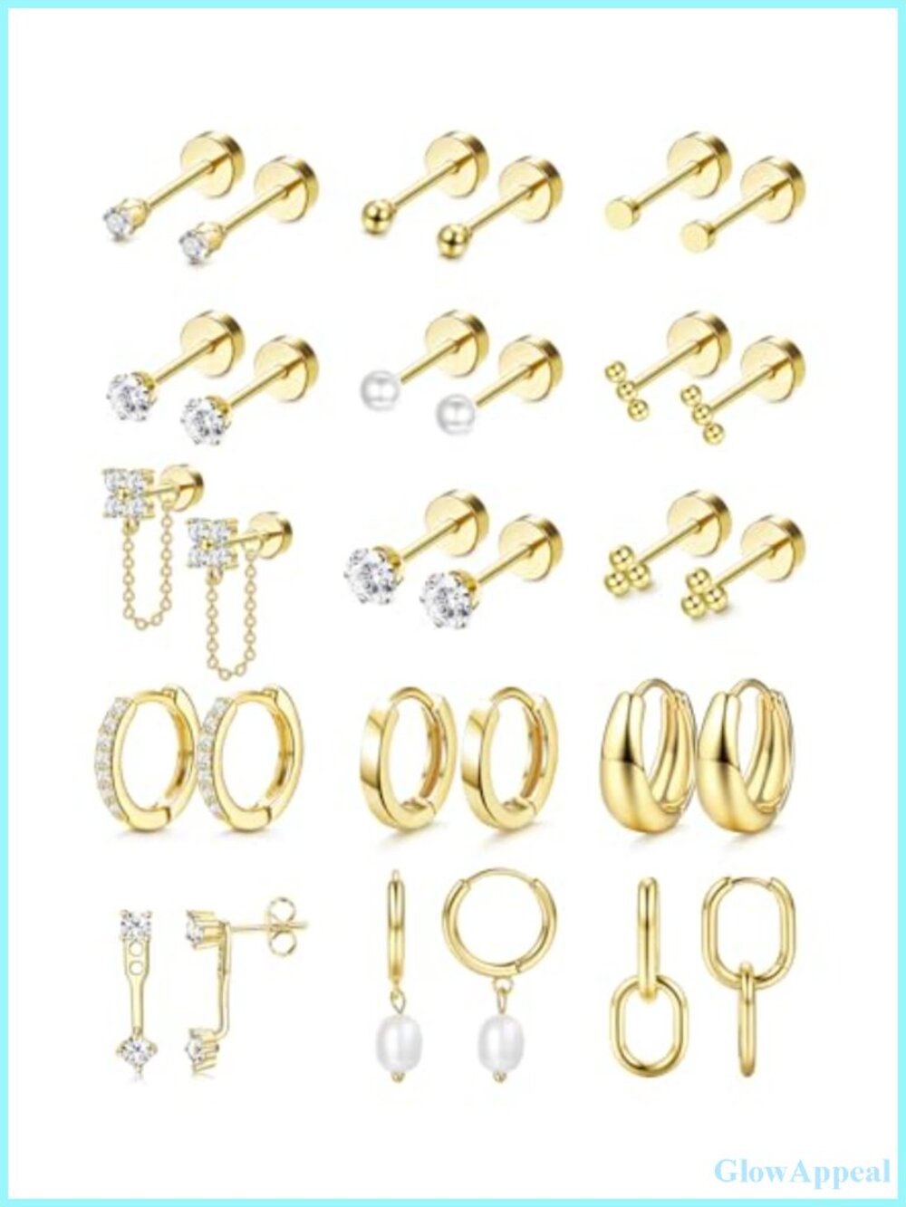 14K Gold Plated Hypoallergenic Earring Set, 15 Pairs Stud & Hoop, Flat Back